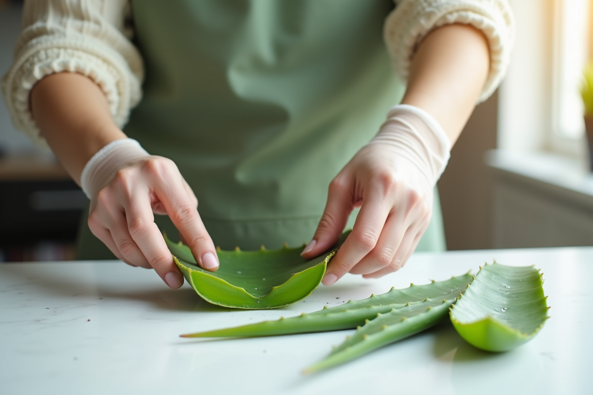Mains préparant des feuilles d'aloe vera pour propagation