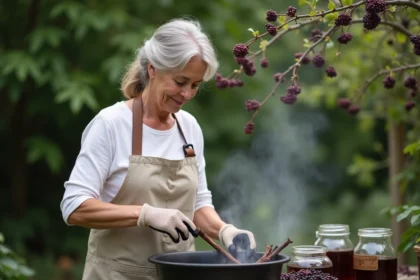 Femme préparant du purin de sureau dans un grand pot en céramique au jardin, entourée de branches et de baies de sureau noires