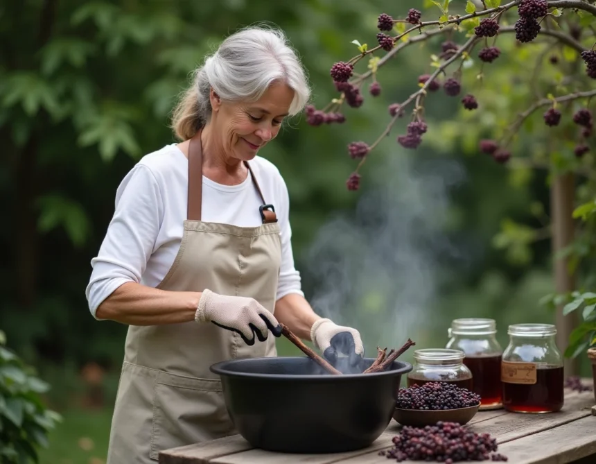 Femme préparant du purin de sureau dans un grand pot en céramique au jardin, entourée de branches et de baies de sureau noires