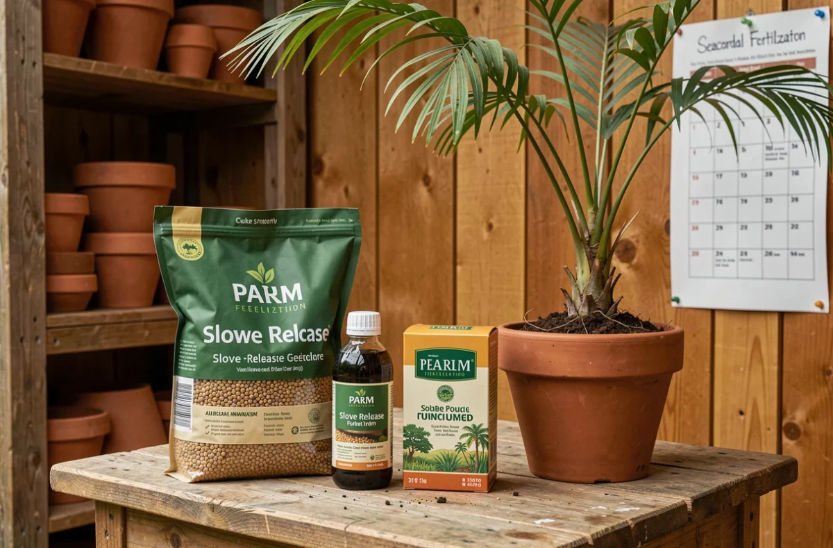 Produits engrais pour palmier en pot disposés sur un établi de jardin avec calendrier de fertilisation