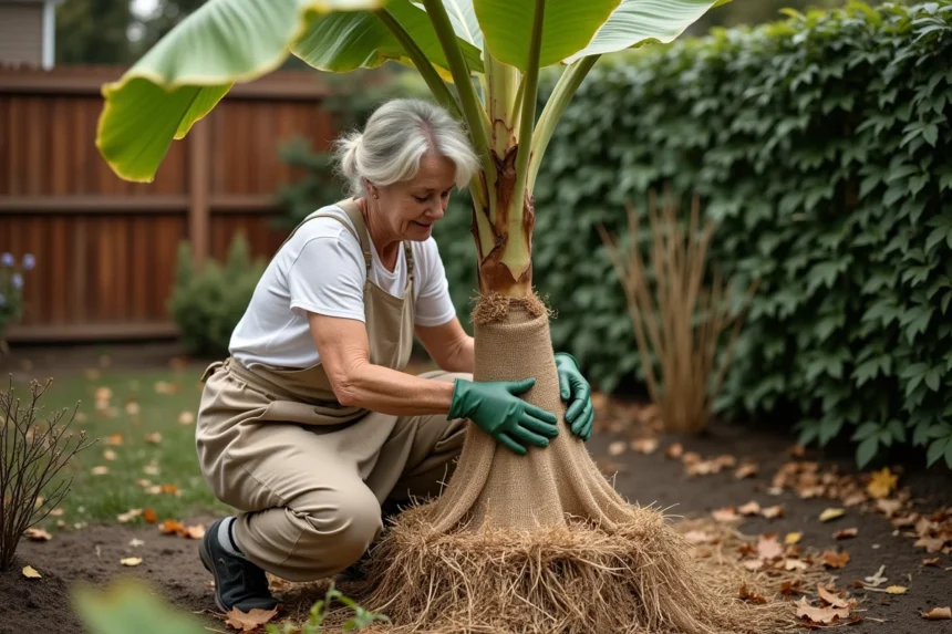 Femme protégeant la souche d'un bananier en pleine terre avec de la paille et de la toile de jute avant l'hiver dans un jardin de banlieue