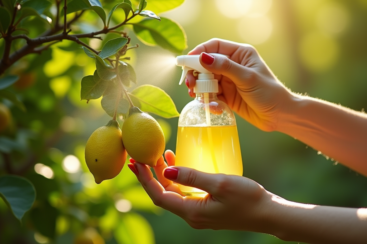 Mains pulvérisant une solution naturelle sur un citronnier