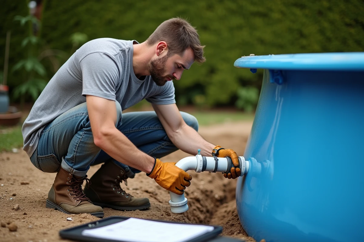 Propriétaire raccordant la filtration d'une piscine coque en polyester lors d'une auto-construction assistée