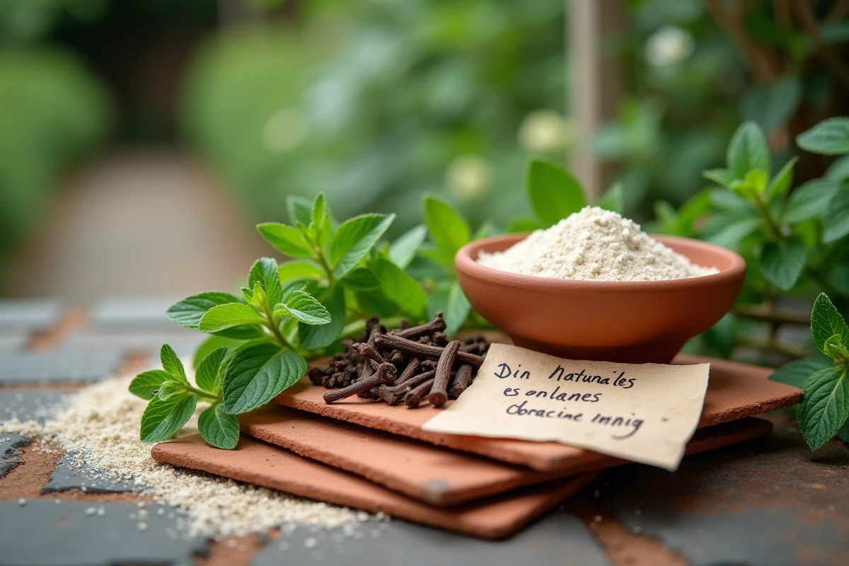 Répulsifs naturels contre les guêpes : menthe fraîche, clous de girofle et terre de diatomée sur table de jardin en pierre