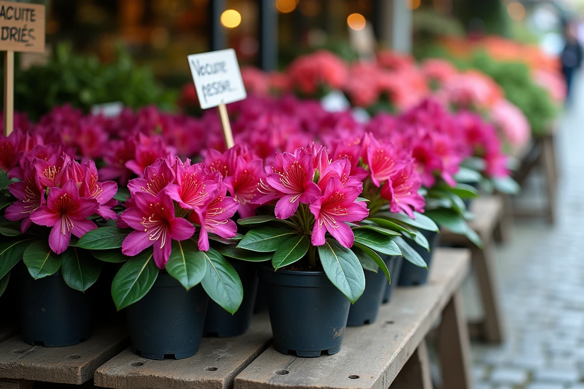Rhododendrons en pots exposés sur un marché aux plantes en plein air avec des étiquettes de prix manuscrites