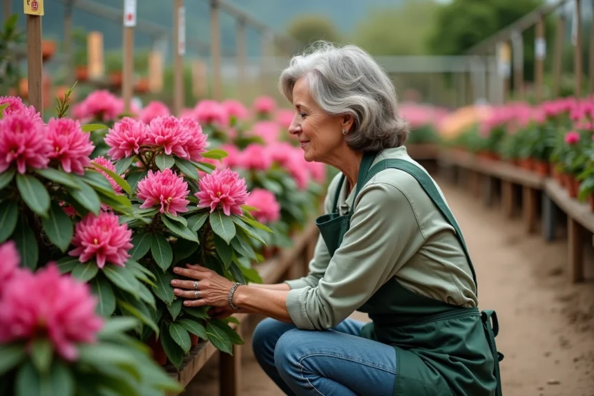 Femme examinant des rhododendrons en fleurs dans une jardinerie, avec des étiquettes de prix visibles sur les pots