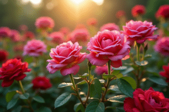 Rosier en pleine floraison avec fleurs roses et rouges en jardin