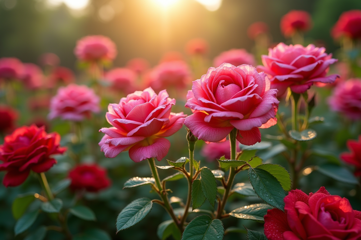 Rosier en pleine floraison avec fleurs roses et rouges en jardin