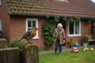 Rouge-gorge sur une clôture en mousse près d une femme âgée