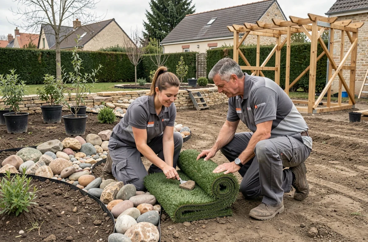 Équipe de Santon nos Jardins en train de créer un jardin résidentiel, posant du gazon et des pierres décoratives