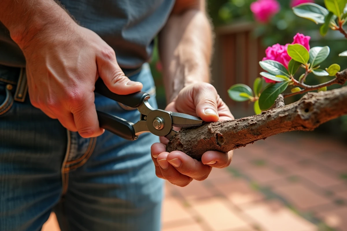 Gros plan de mains tenant un sécateur pour tailler une tige de bougainvillier dans une cour ensoleillée