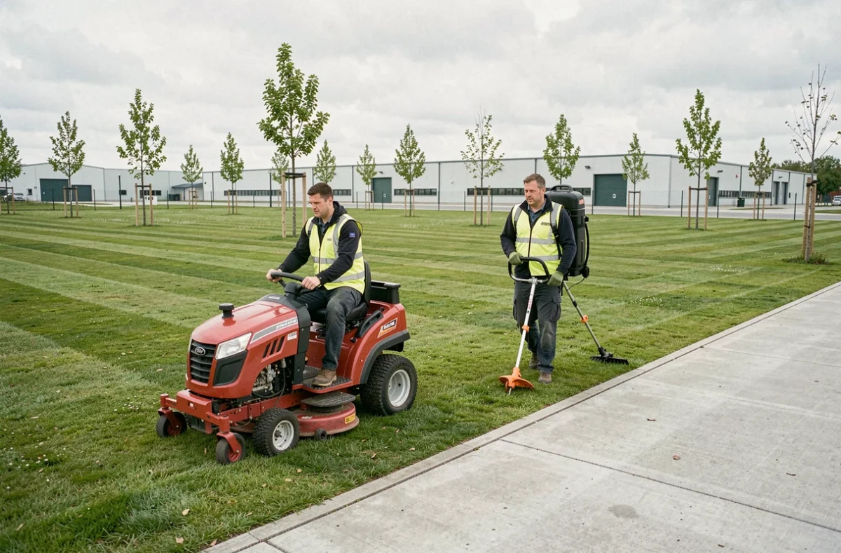Deux agents SEFA Environnement tondant et entretenant un espace vert professionnel à Froideconche
