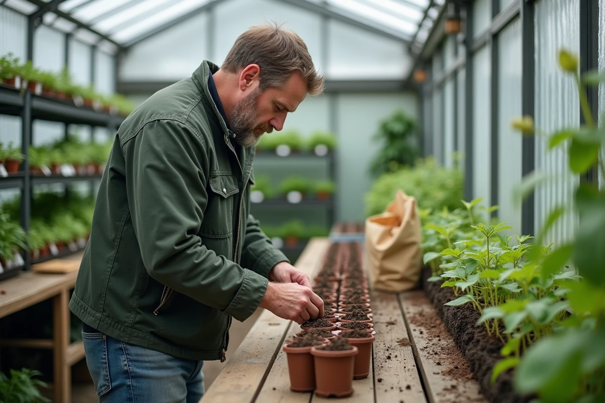Homme semant des haricots en godets individuels sur un établi dans une serre, avec rangées de semis en arrière-plan