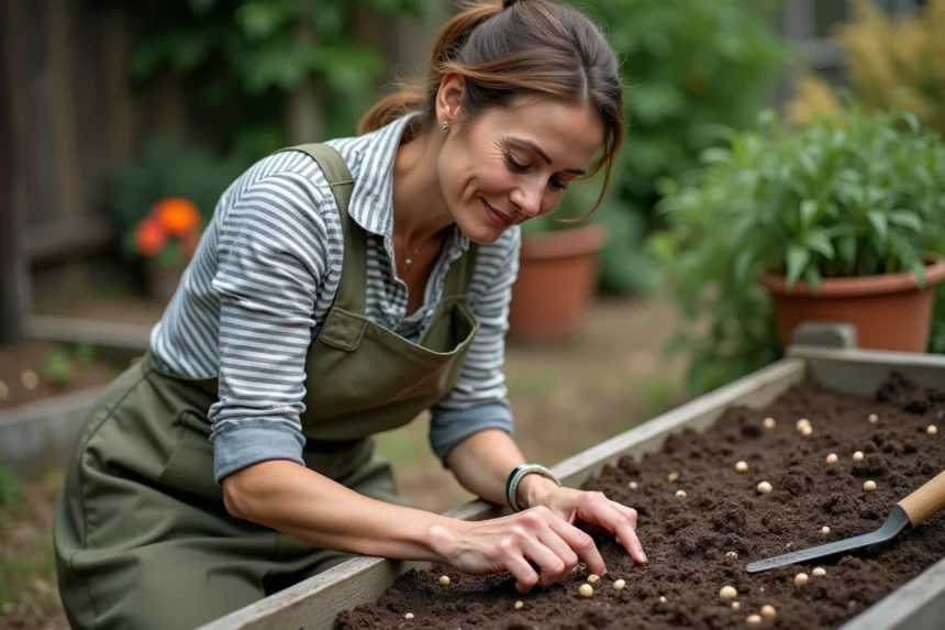 Femme qui sème des haricots en pleine terre dans un potager surélevé en bois, vue de près en plongée légère
