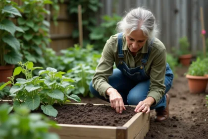 Femme semant des haricots verts dans un potager surélevé au printemps en suivant un calendrier lunaire fait main