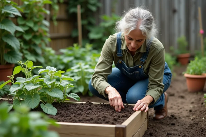 Femme semant des haricots verts dans un potager surélevé au printemps en suivant un calendrier lunaire fait main