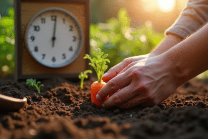 Main plantant des graines de carotte dans le sol