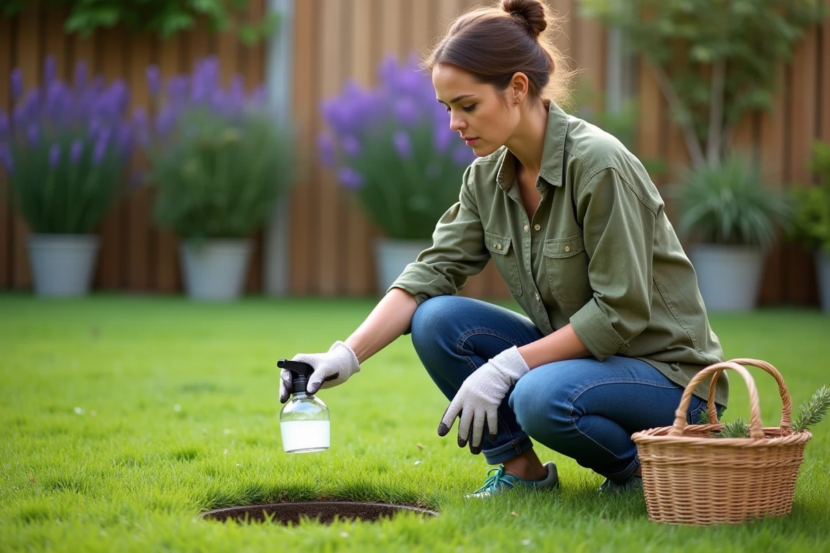 Femme utilisant du vinaigre blanc comme solution naturelle contre un nid de guêpes dans le sol du jardin