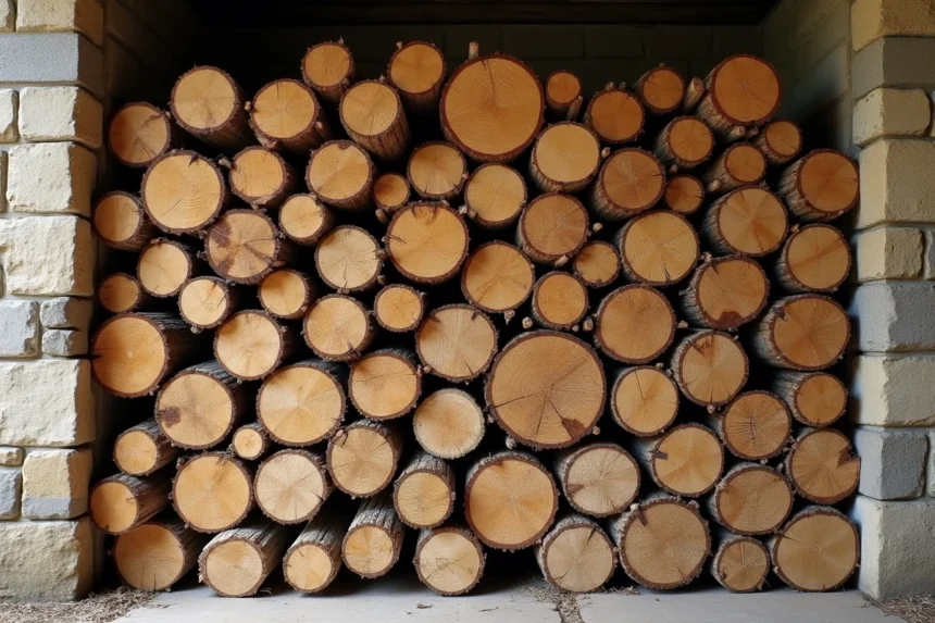 Stère de bois empilé contre un mur en pierre, composé de bûches de chêne et de hêtre fendues, illustrant les différentes essences de bois et leur poids au stère