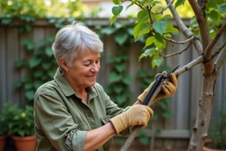 Femme taillant un lilas des Indes avec un sécateur pour éliminer le bois mort dans un jardin