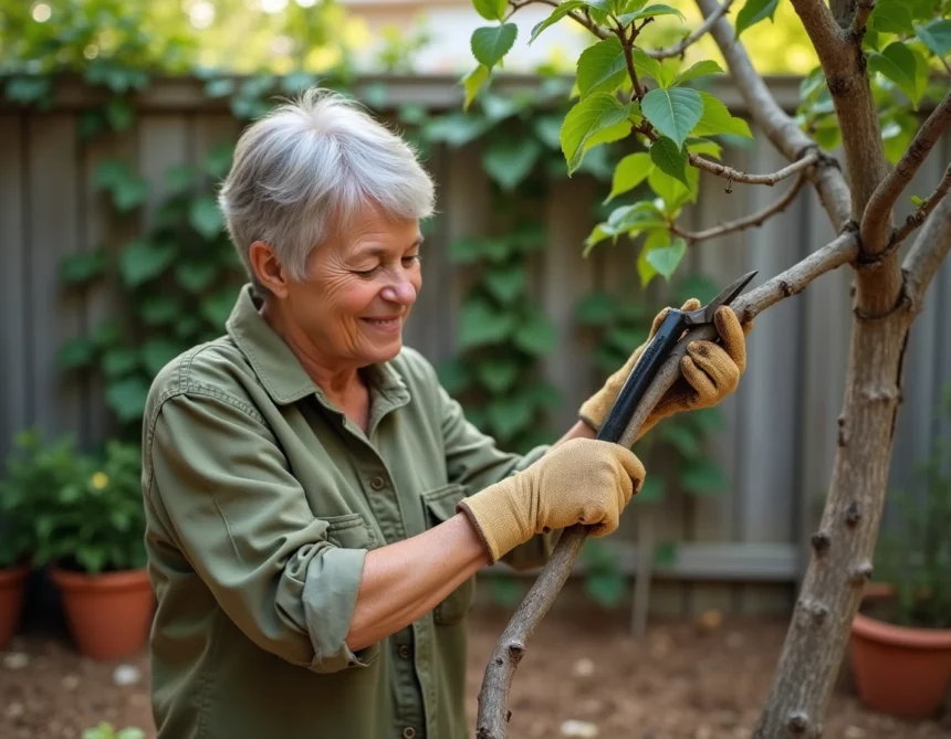 Femme taillant un lilas des Indes avec un sécateur pour éliminer le bois mort dans un jardin