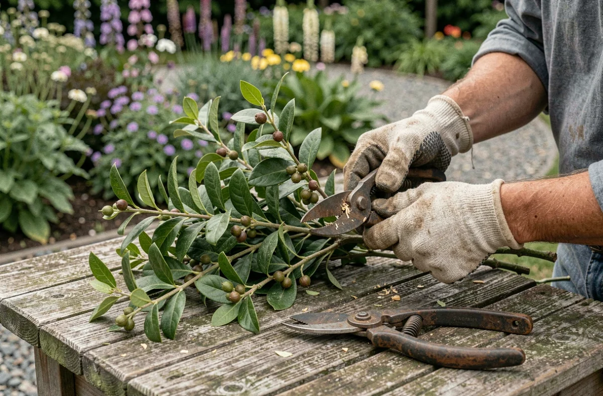 Mains de jardinier taillant l'oranger du Mexique avec des fruits et gousses sur une table en bois de jardin