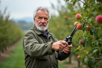 Homme d'âge moyen avec ciseaux de taille mal utilisé dans un verger