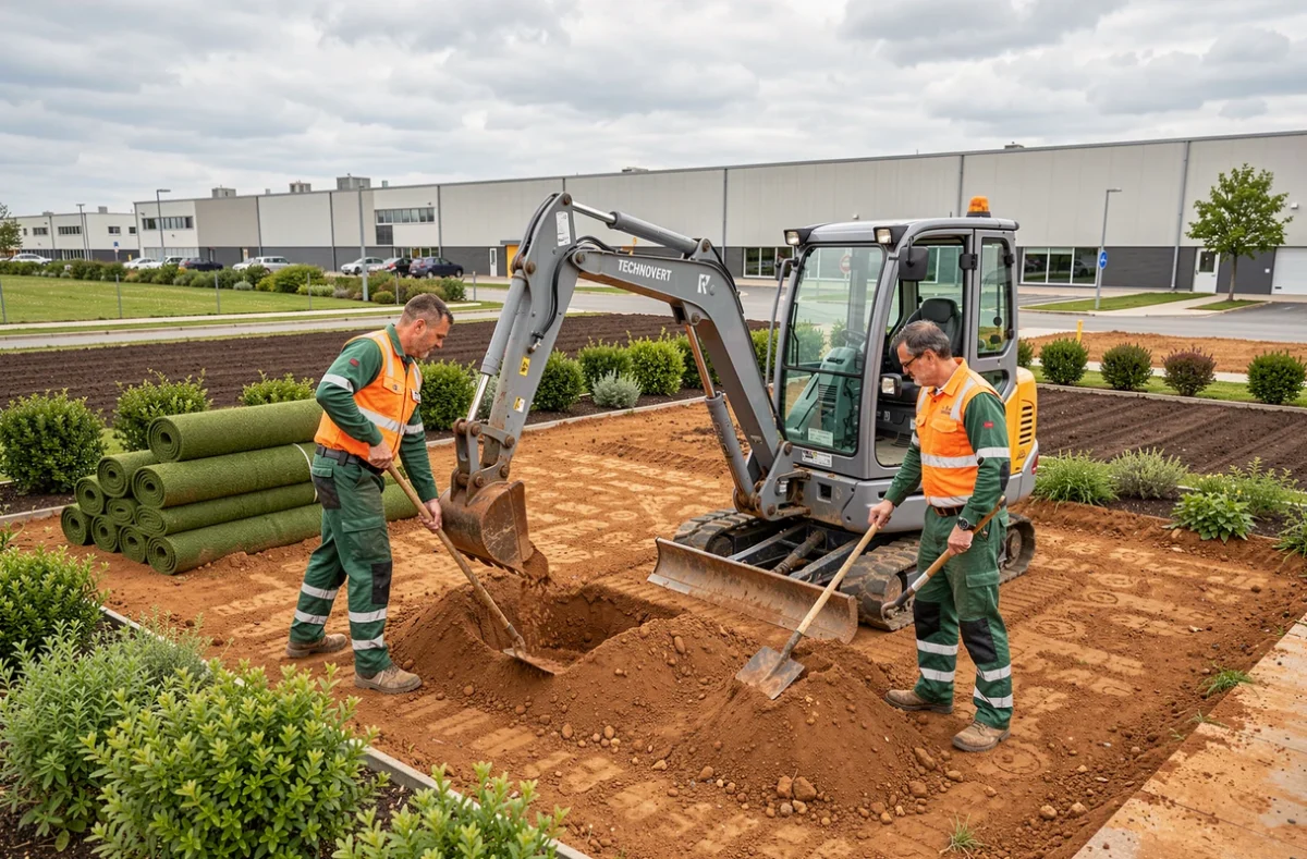 Équipe Technovert avec une mini-pelle aménageant un nouveau terrain paysager dans le Pays de Montbéliard