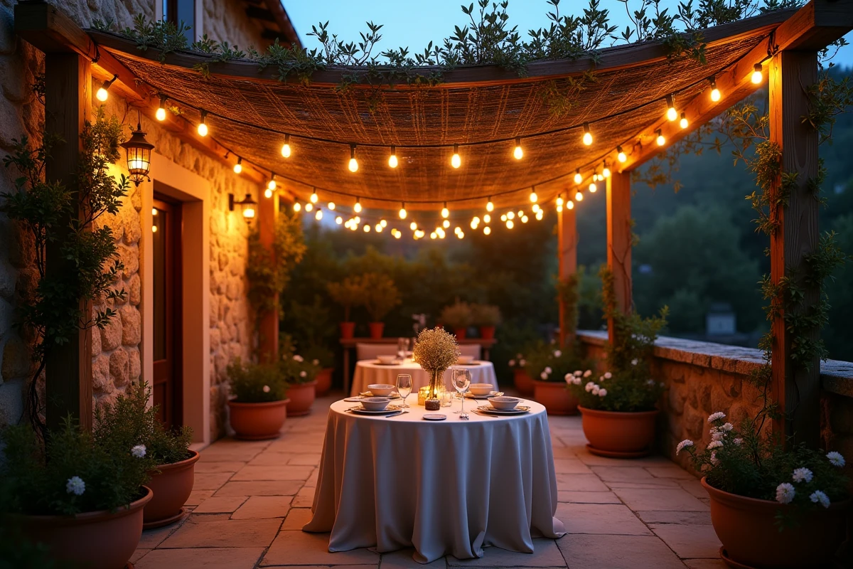 Terrasse de jardin décorée avec une guirlande solaire sous une pergola en bois lors d'un repas en extérieur