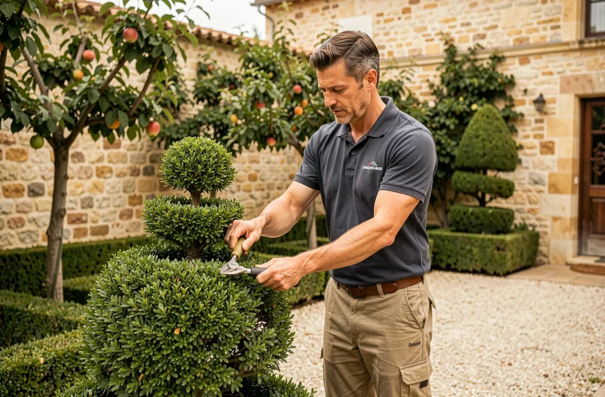 Paysagiste de Thorck'art taillant une topiaire dans un jardin résidentiel en Centre-Val de Loire