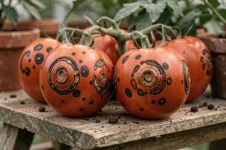 Tomates sur pied présentant des taches noires et lésions de maladies fongiques sur la peau rouge, photographiées en gros plan dans une serre de jardin
