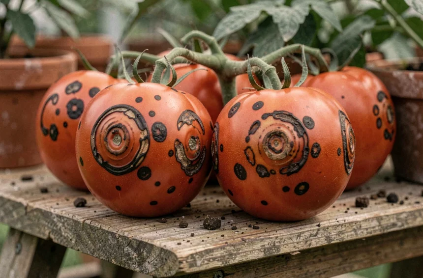 Tomates sur pied présentant des taches noires et lésions de maladies fongiques sur la peau rouge, photographiées en gros plan dans une serre de jardin