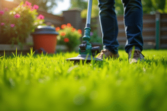 Personne scarifiant une pelouse verte en plein soleil avec un scarificateur manuel