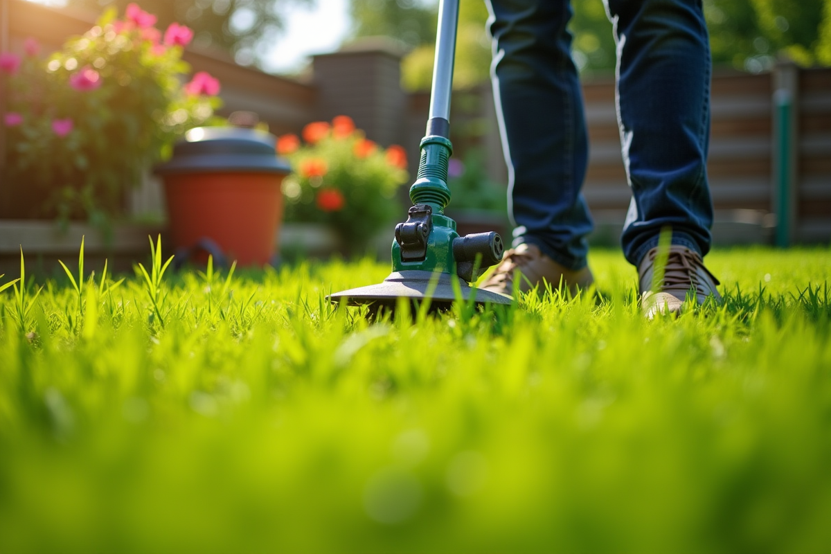Personne scarifiant une pelouse verte en plein soleil avec un scarificateur manuel