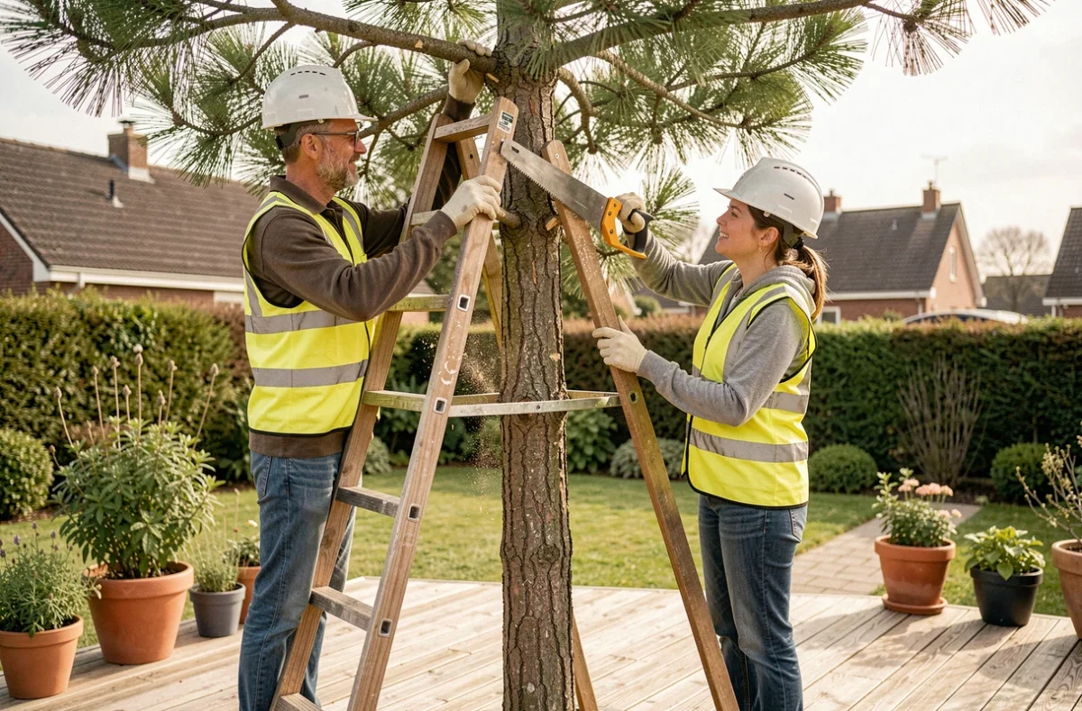 Deux personnes collaborant pour élaguer un pin en hauteur dans un jardin avec une échelle en bois
