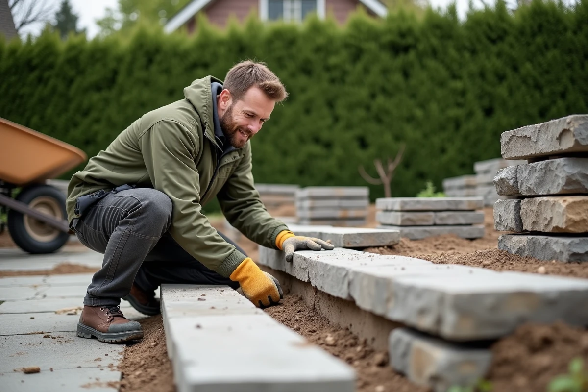 Professionnel de l'aménagement extérieur inspectant une bordure en pierre naturelle lors de travaux de terrasse résidentielle
