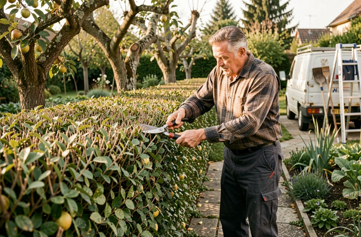 Jardinier multi-services d'EIRL Trigo de Azevedo taillant une haie dans un jardin résidentiel traditionnel à Sens