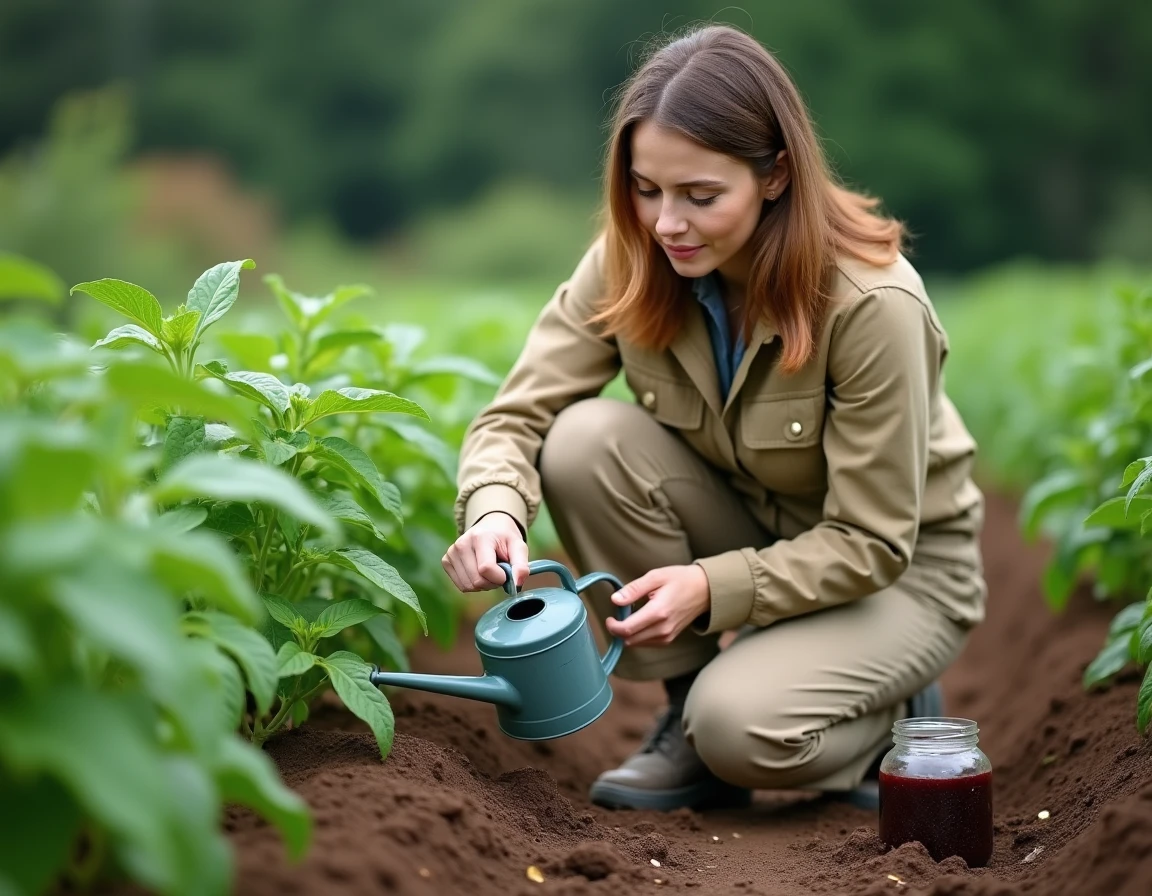 Jeune femme appliquant du purin de sureau au pied de plants de tomates dans un potager, avec un arrosoir et un bocal étiqueté posé sur le sol