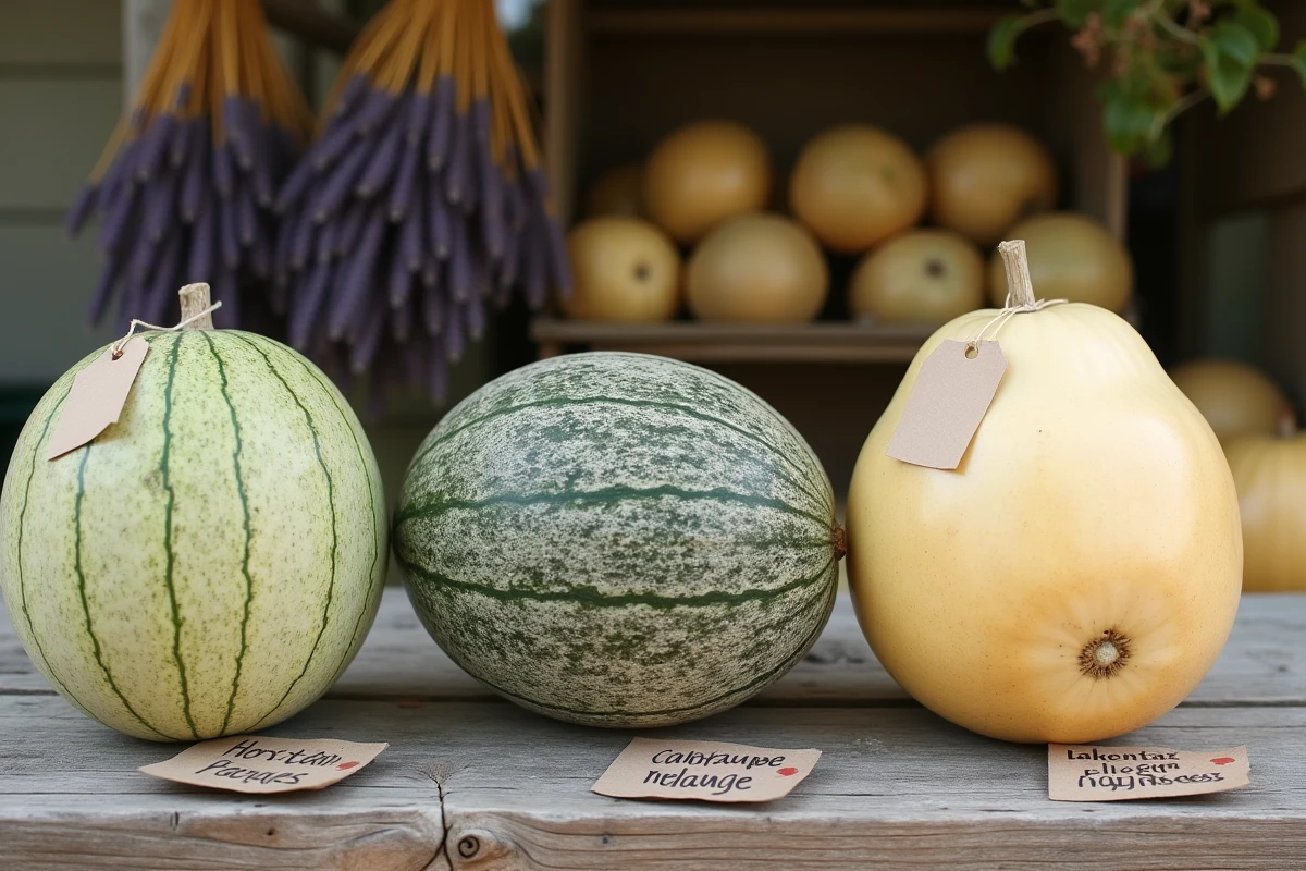 Trois variétés de melons résistants à la sécheresse exposées sur une table de marché rustique en bois