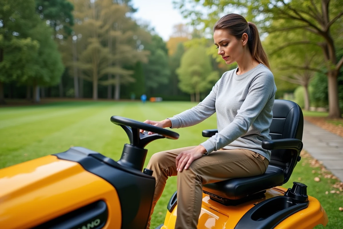 Femme vérifiant le commutateur d'enclenchement de lame sur le tableau de bord d'un tracteur tondeuse électrique