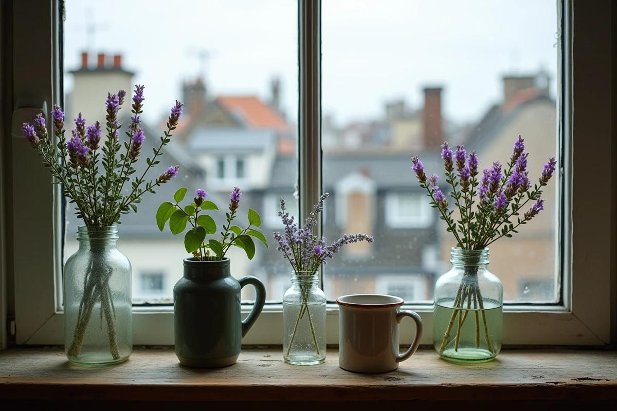 Petits vases en verre et céramique avec des violettes sauvages posés sur un rebord de fenêtre en bois dans un appartement urbain