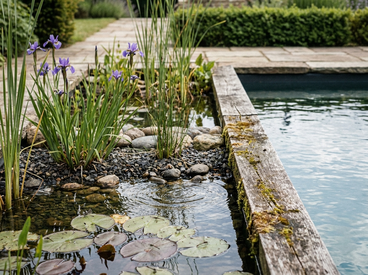 Zone de filtration biologique d'une piscine naturelle avec iris aquatiques, roseaux et nénuphars sur gravier